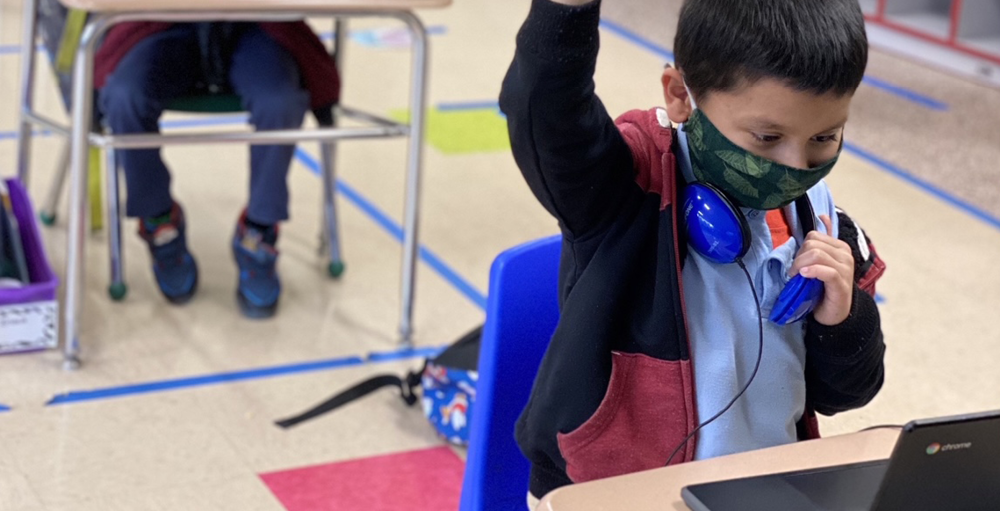 The first grade students at Syracuse Academy of Science and Citizenship school practiced their listening and learning skills using the program Kahoots.