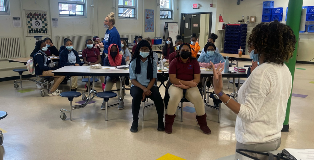 Prenajuah Jefferson, a guest speaker for Syracuse Academy of Science and Citizenship elementary school’s 28 Speakers in 28 Days series, spoke with the 6th-grade girls about the importance of self-care and tips for adolescence years.